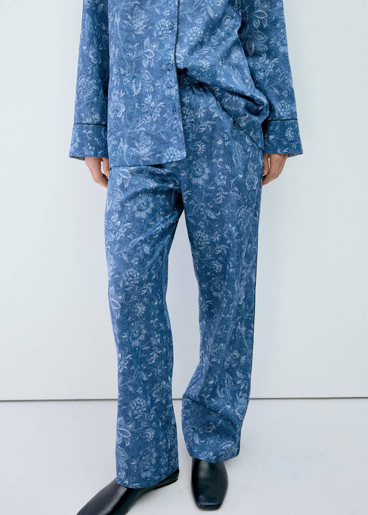 Printed pyjama trousers with piping — Navy