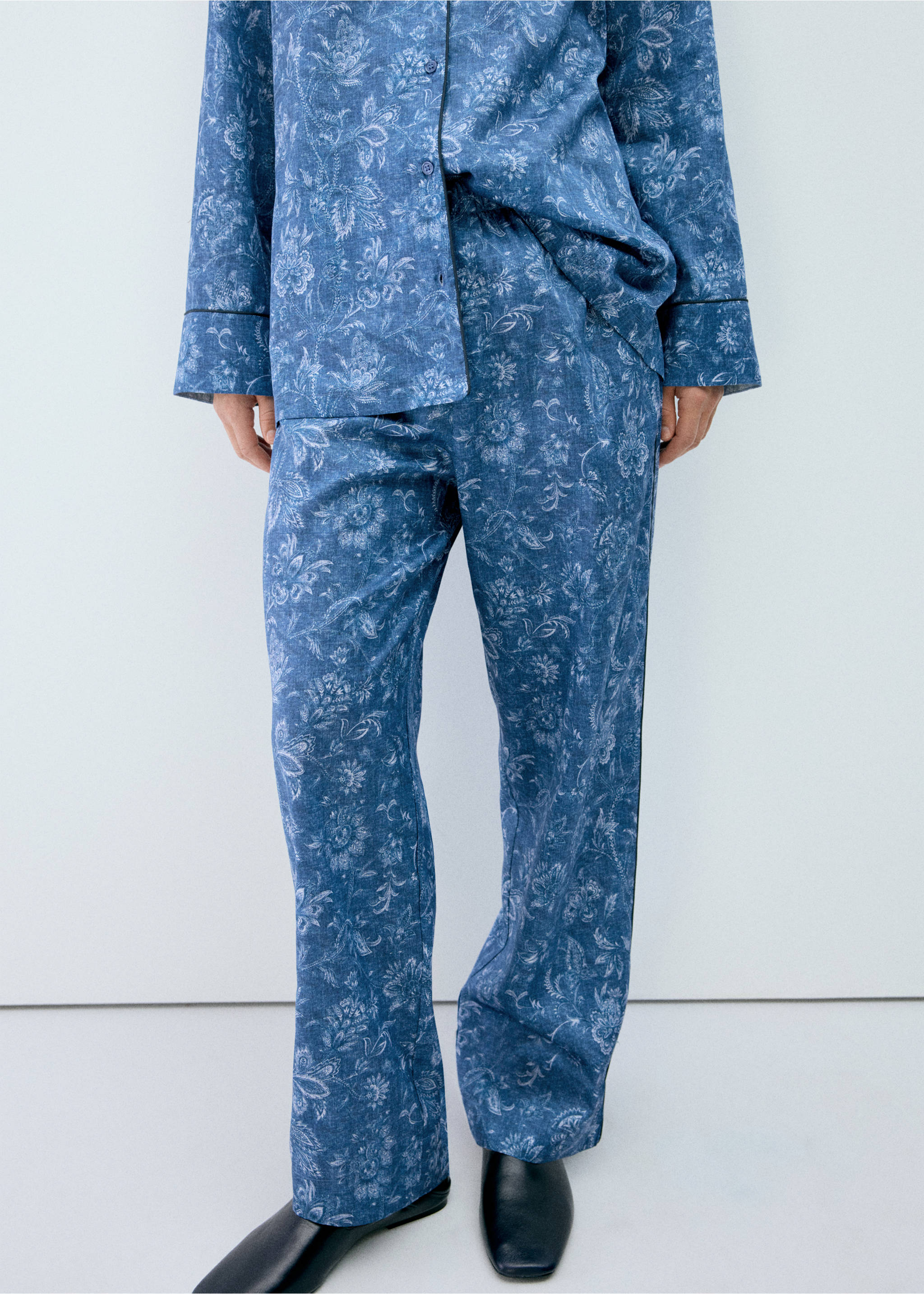 Printed pyjama trousers with piping - Medium plane, Navy. Ref: 37052933-00.