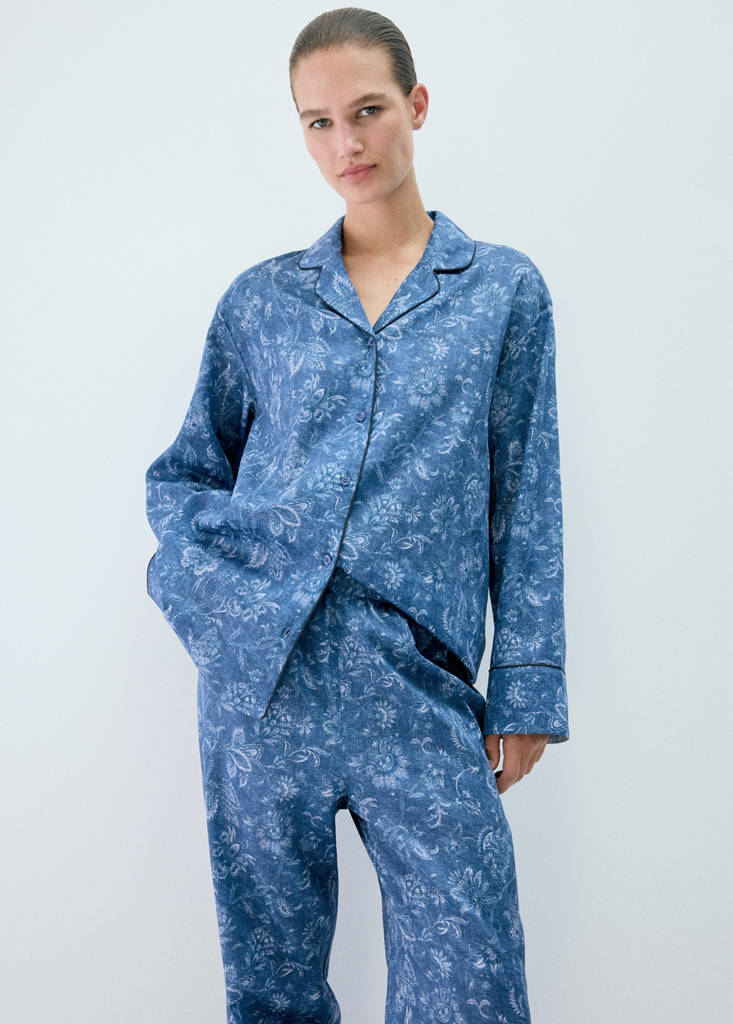 Printed pyjama trousers with piping — Navy