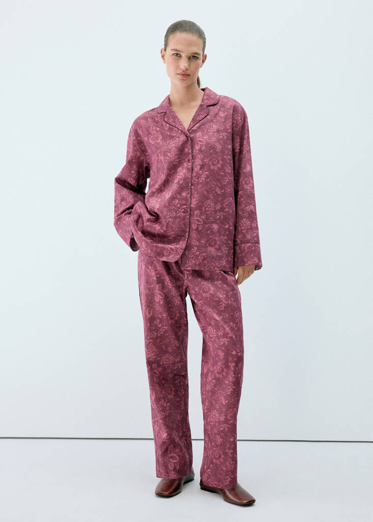 Printed pyjama trousers with piping — Burgundy