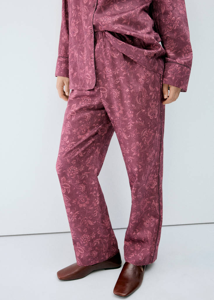 Printed pyjama trousers with piping — Burgundy