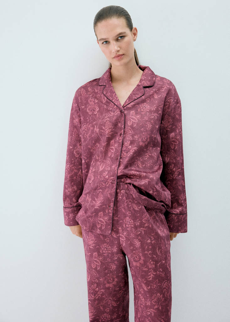 Printed pyjama trousers with piping — Burgundy