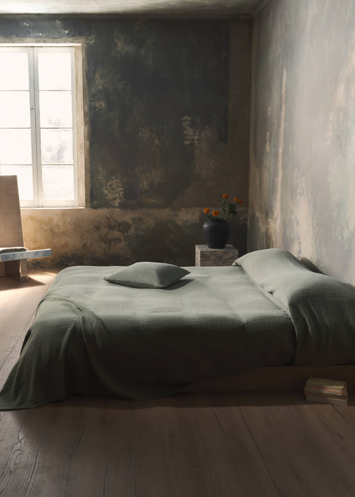 Stückgefärbte Tagesdecke aus Baumwolle für 180/200 cm Bett — Grün