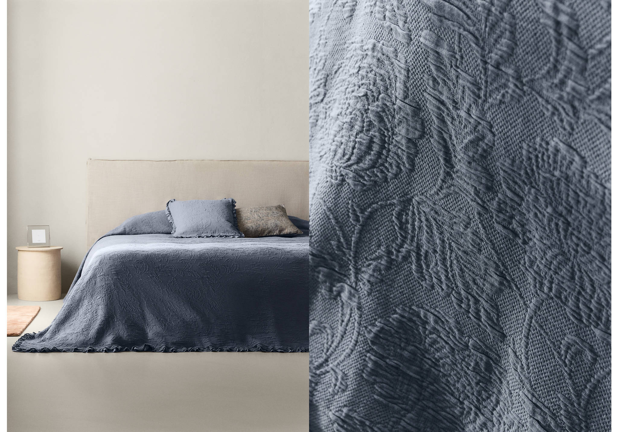Blue textured floral bedspread shown in a styled bedroom setting and close-up view.