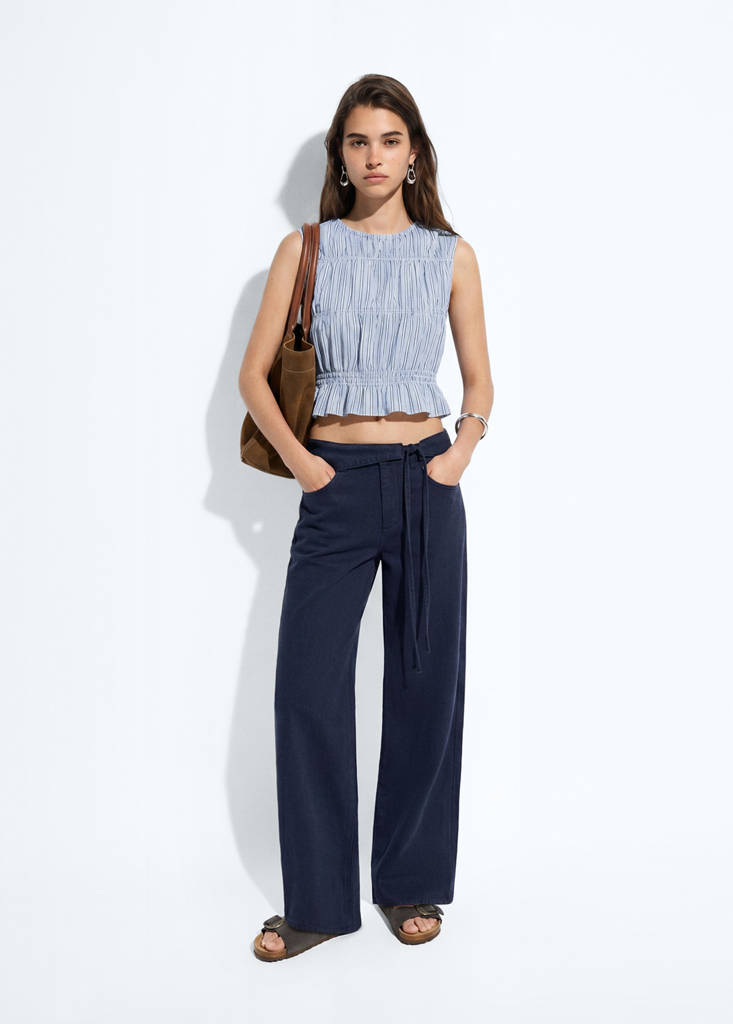 Gathered 100% cotton striped top — Sky Blue