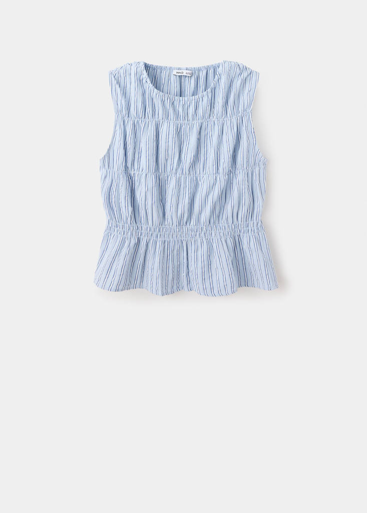 Gathered 100% cotton striped top — Sky Blue