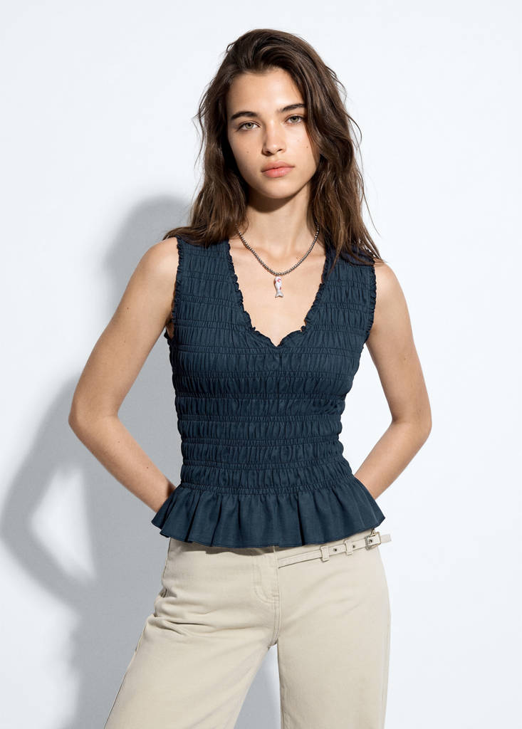 Ruched cotton top — Navy