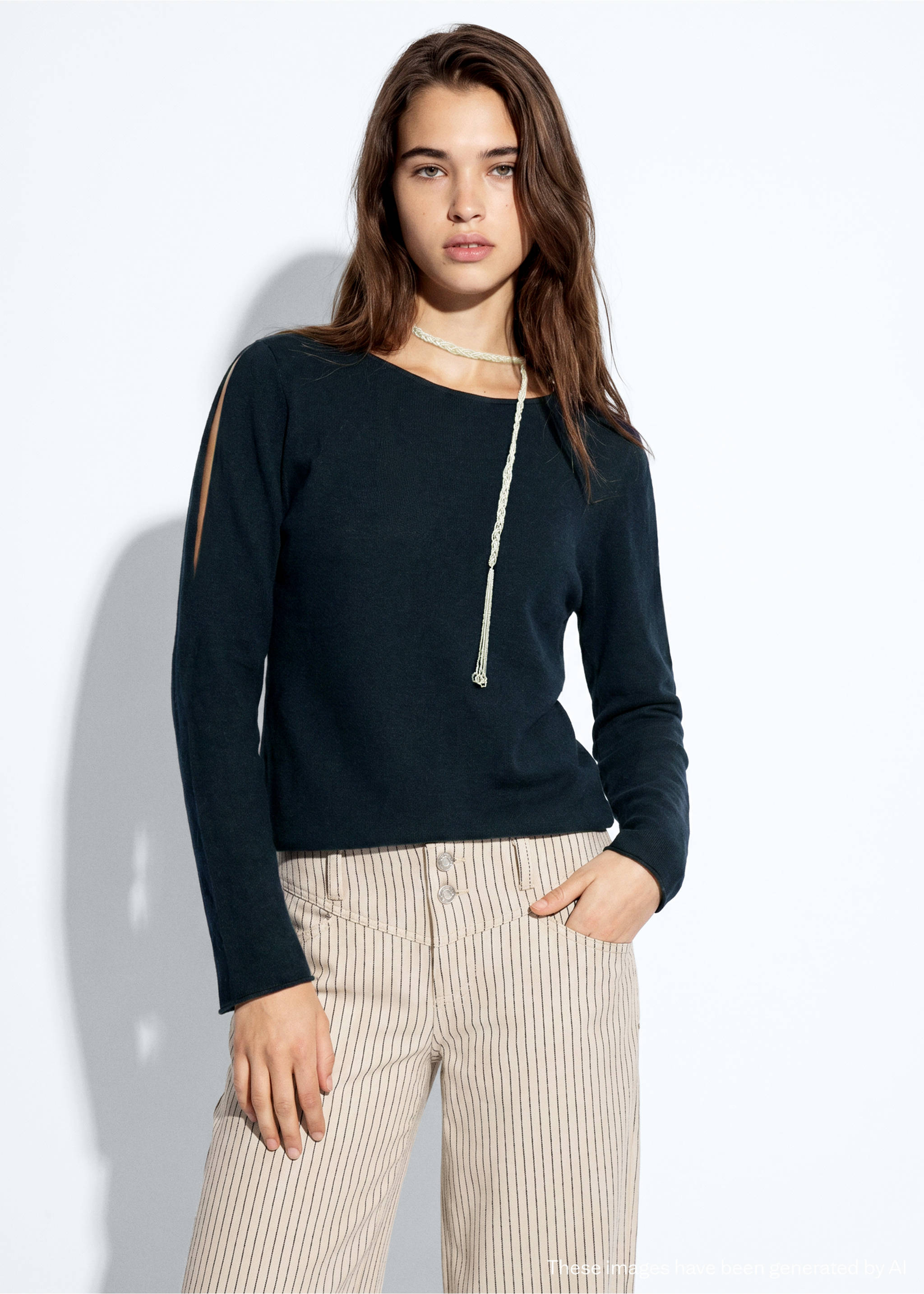 Knitted sweater with openings - Medium plane, Navy. Ref: 37053283-00.
