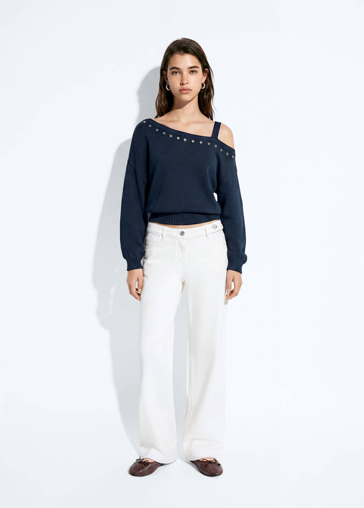 Asymetryczny sweter z dzianiny 100% bawełna granatowy - Teen - XS - MANGO TEEN