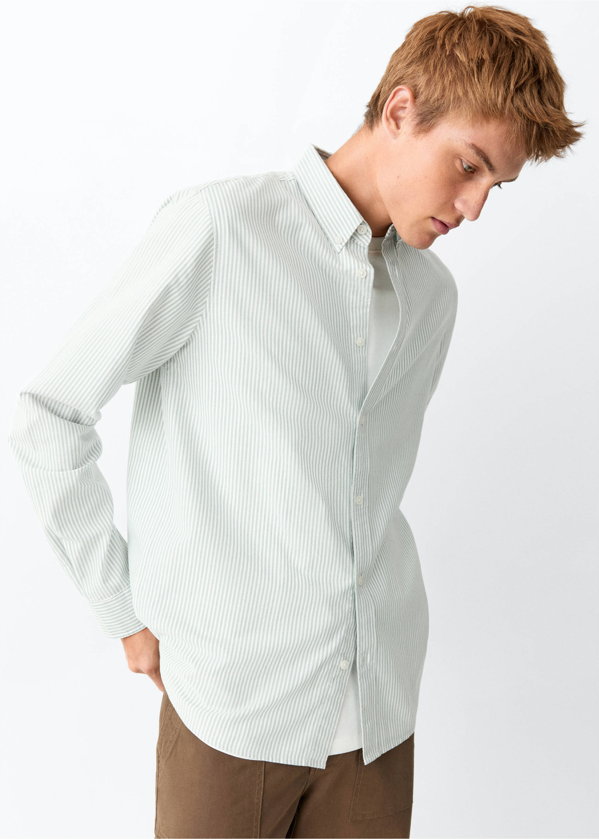 100% cotton striped shirt - Medium plane, Green. Ref: 37053289-00.