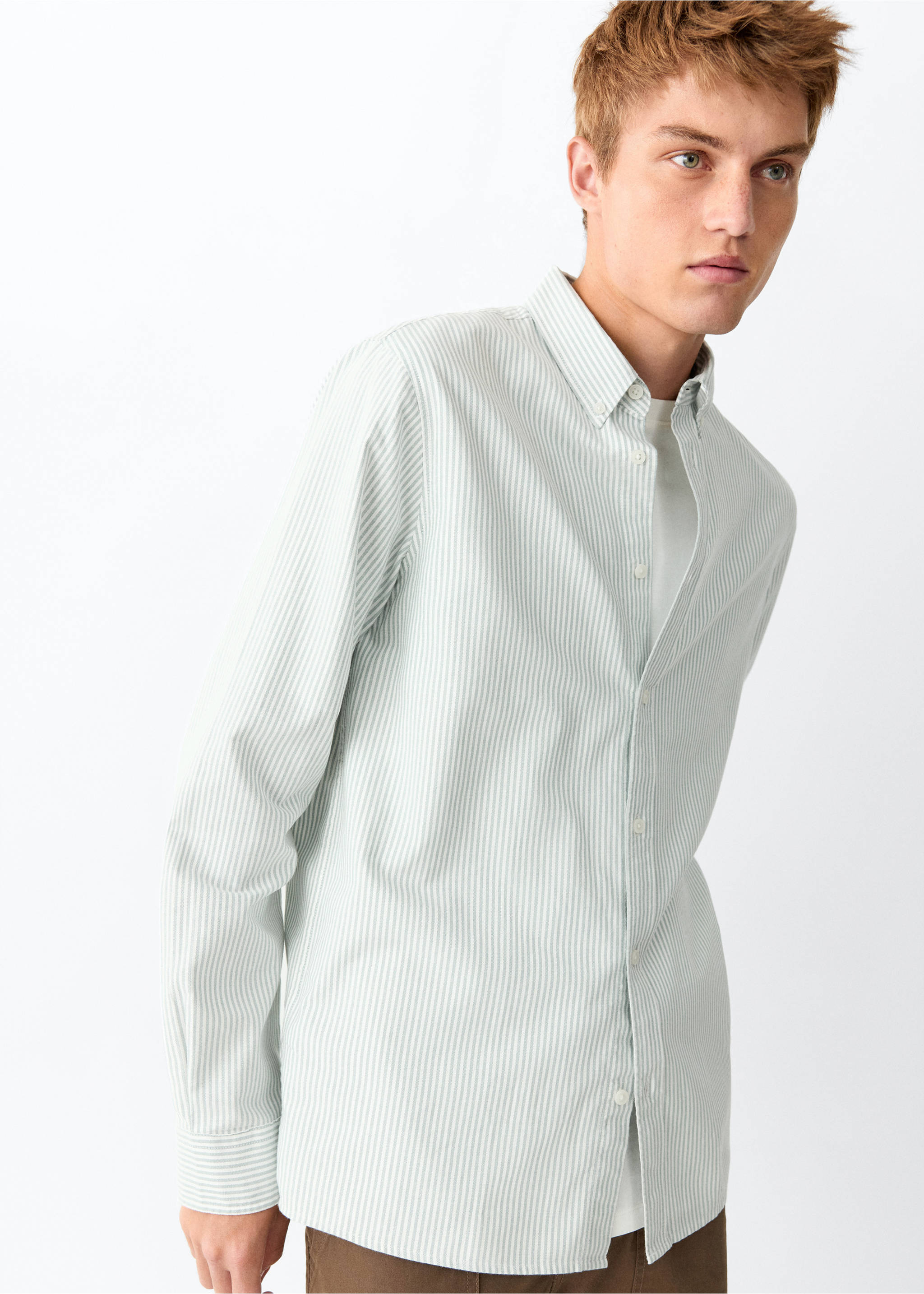 100% cotton striped shirt - Details of the article 2, Green. Ref: 37053289-00.