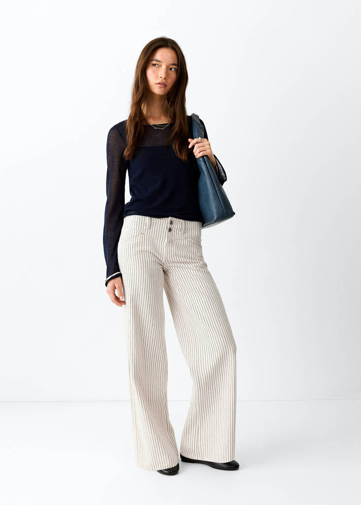 Wide leg striped jeans — Ecru