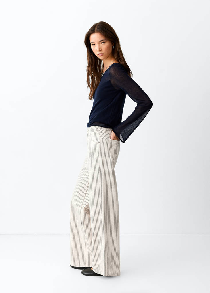 Wide leg striped jeans — Ecru