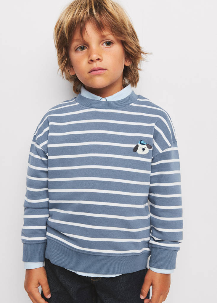 Striped cotton sweatshirt with embroidery — Blue