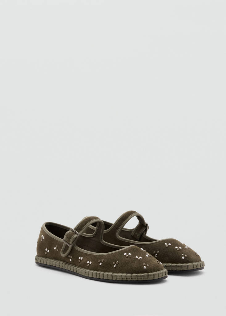 Studded leather ballet flats — Khaki