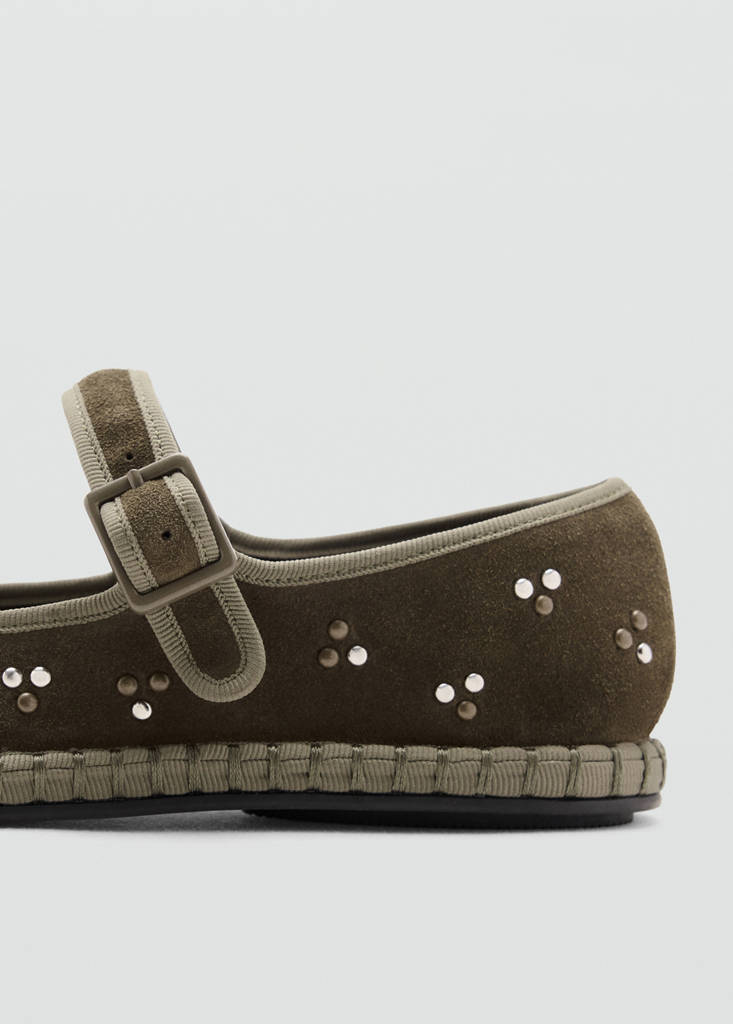 Studded leather ballet flats — Khaki