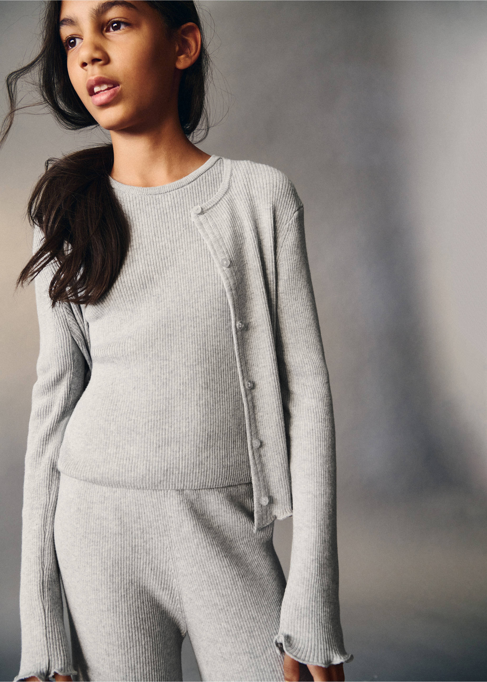 Ribbed cotton-blend cardigan - Details of the article 5, Light Heather Grey. Ref: 37053873-00.