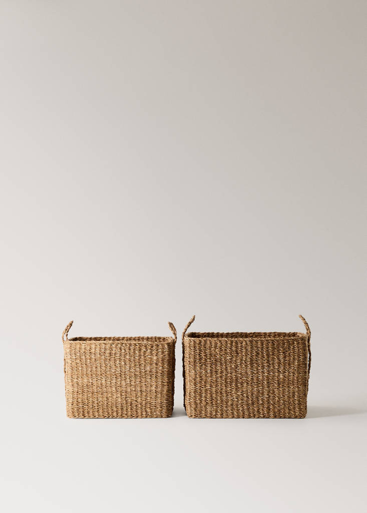 Medium braided seagrass basket with handles — Brown