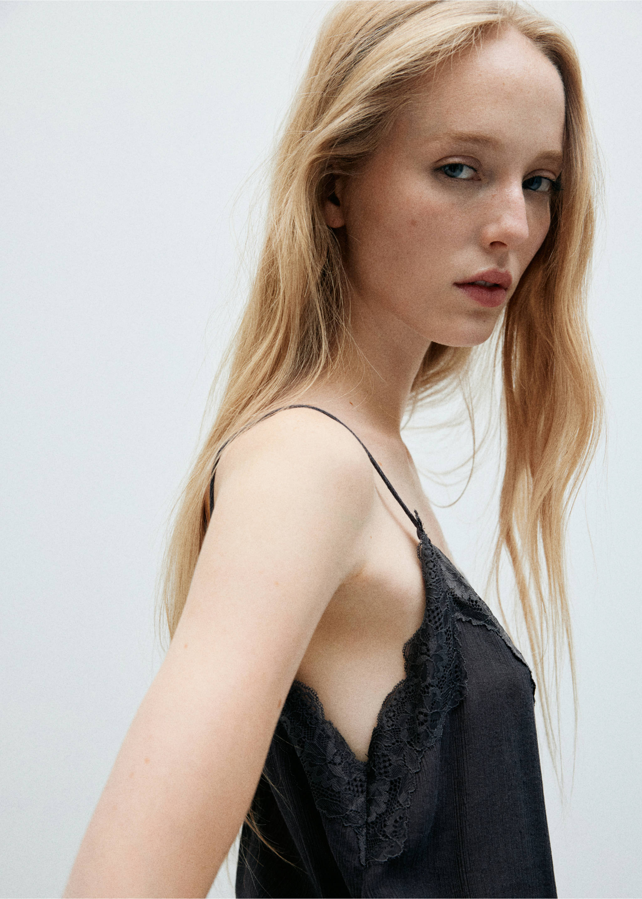Asymmetric lace camisole top - Medium plane, Charcoal. Ref: 37054069-00.