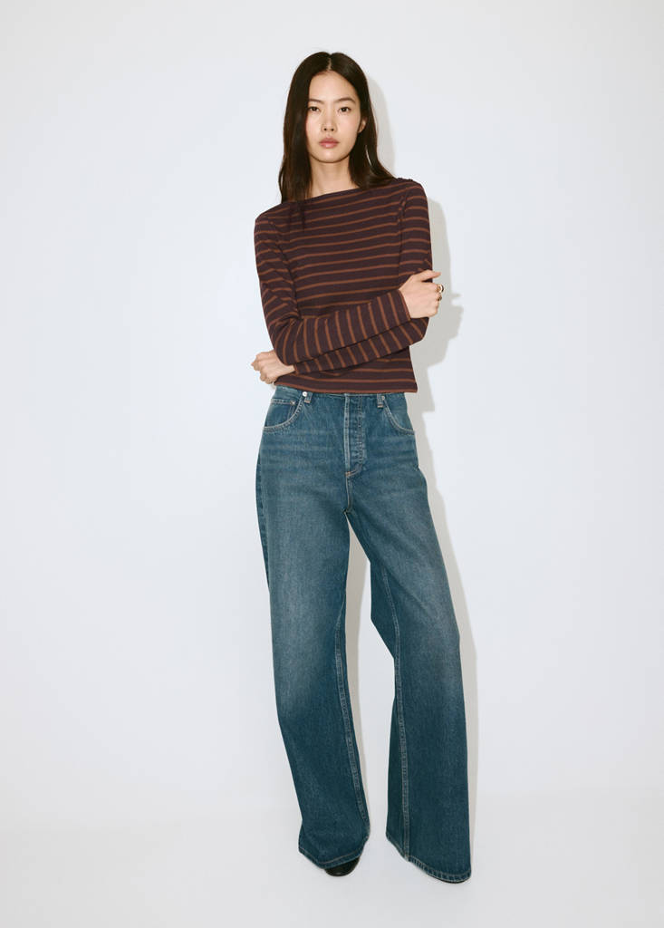 Striped cotton T-shirt — Brown