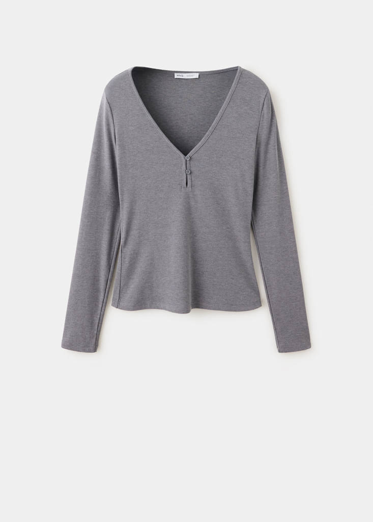 Ribbed V-neck T-shirt — Grey