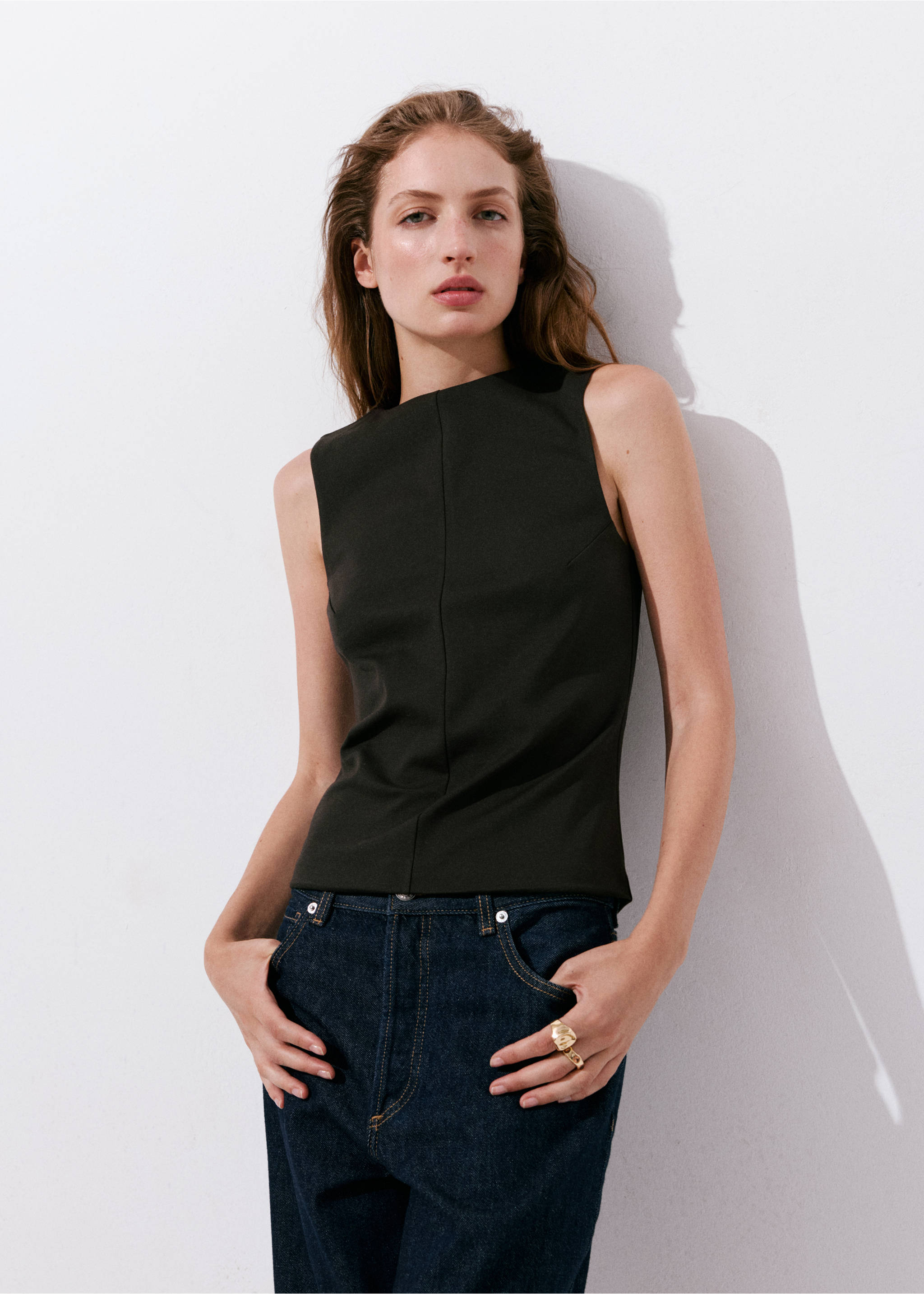 Pinstripe high-neck top - Medium plane, Brown. Ref: 37054078-00.