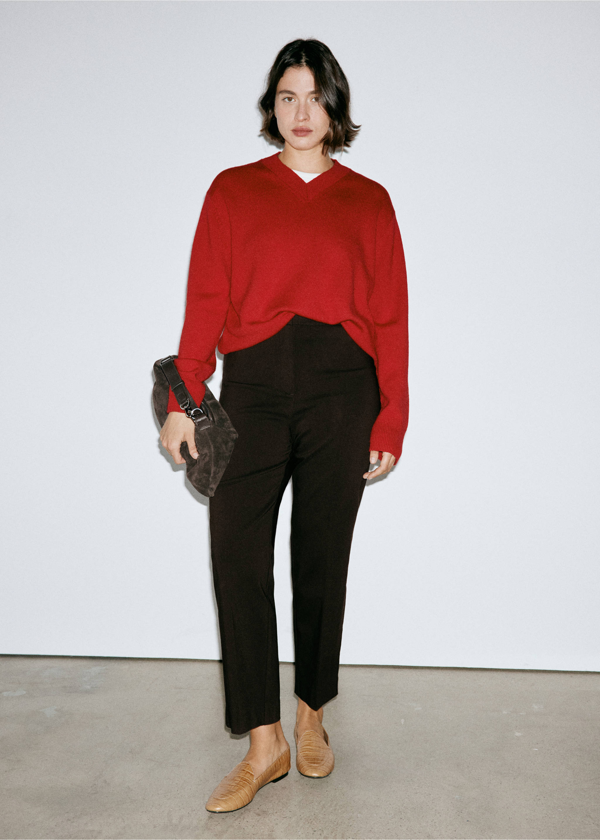 Straight-cut crop trousers - Details of the article 5, Chocolate. Ref: 37054086-00.