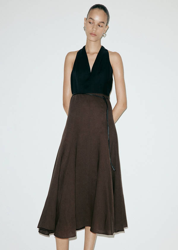 Bicolour lyocell dress with belt — Black