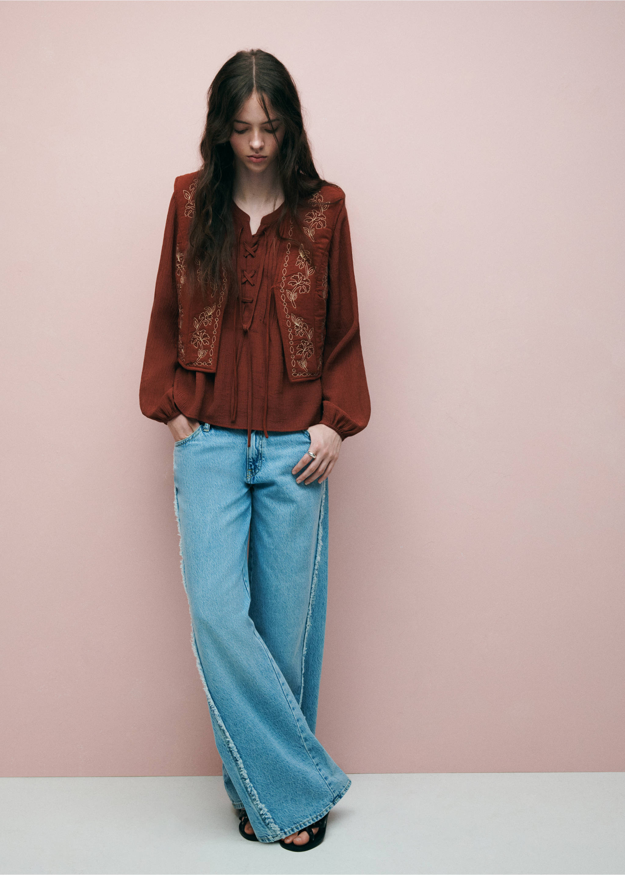 Embroidered floral gilet with bow - General plane, Burnt Orange. Ref: 37054095-00.