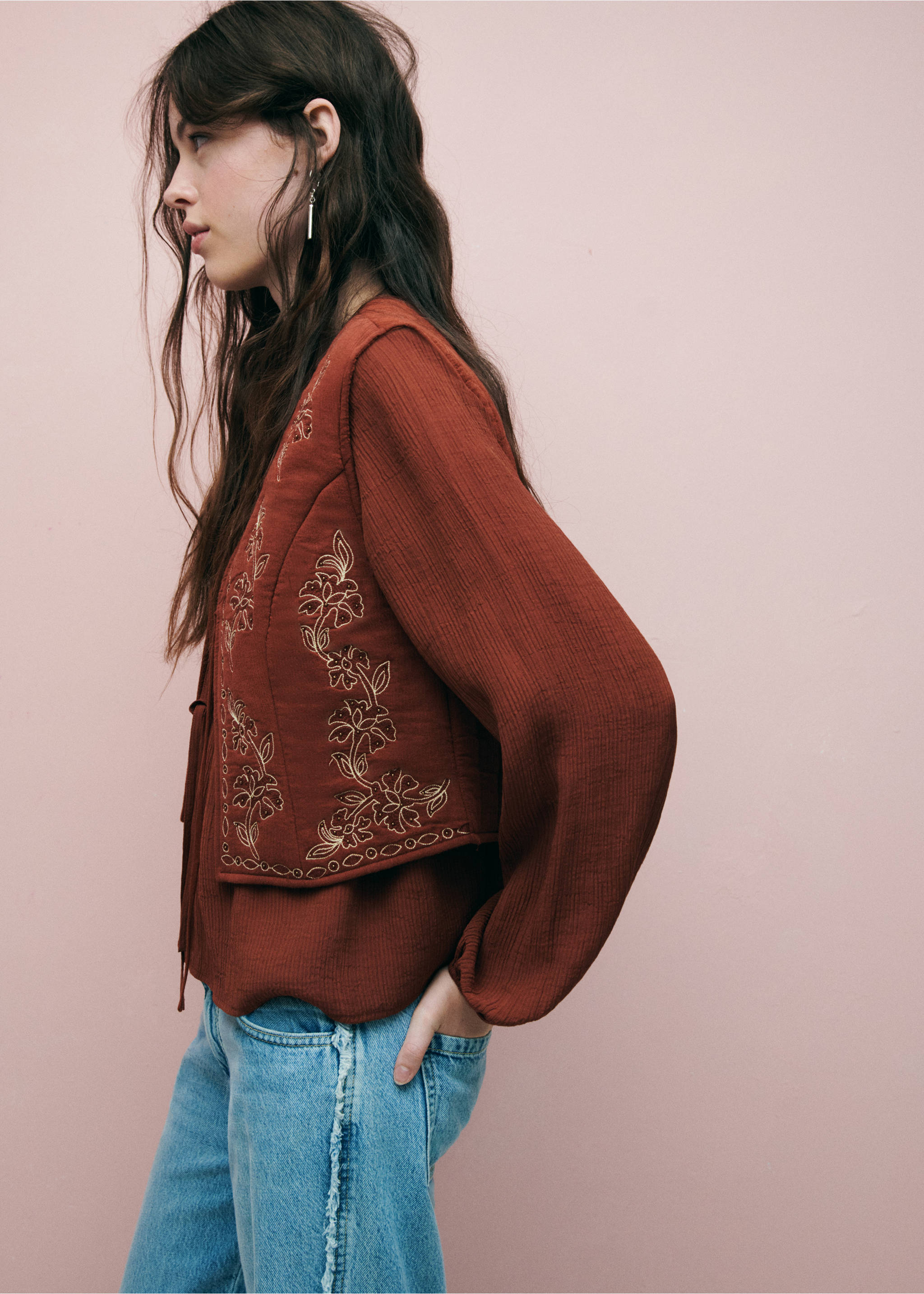 Embroidered floral gilet with bow - Details of the article 1, Burnt Orange. Ref: 37054095-00.