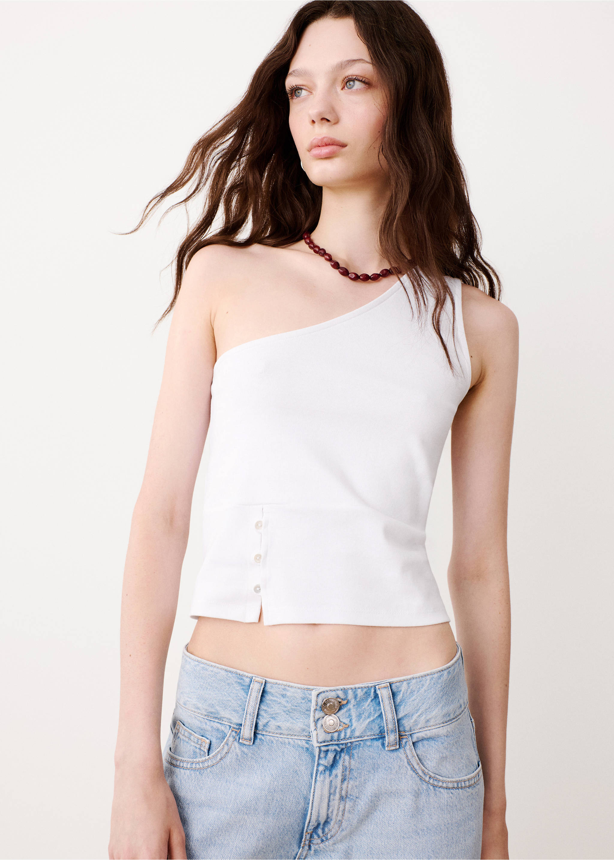 Asymmetric button detail t-shirt - Medium plane, Off White. Ref: 37054098-00.