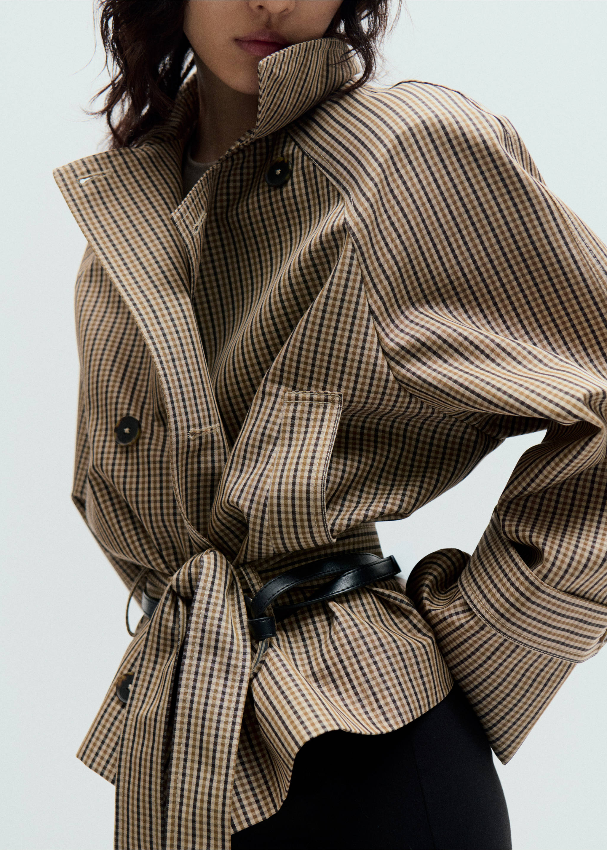 Short checked trench coat with belt - Details of the article 1, Beige. Ref: 37054100-00.