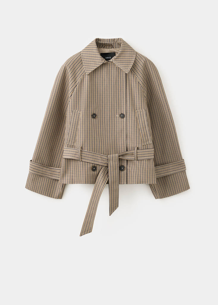 Short checked trench coat with belt — Beige