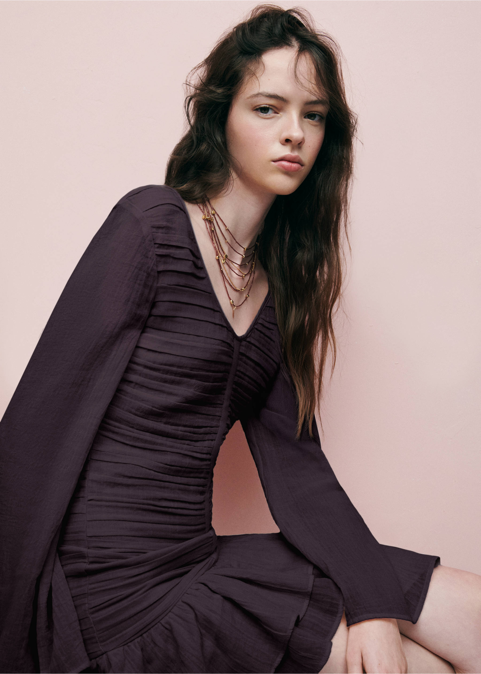 Draped Cotton Dress - Details of the article 1, Brown. Ref: 37054103-00.