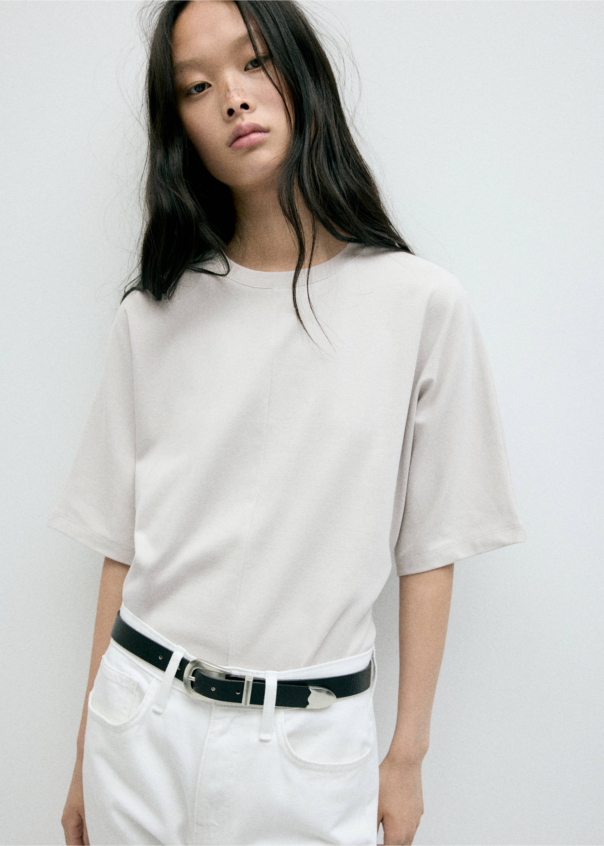 Oversized T-shirt with stitching detail - Medium plane, Grey. Ref: 37054115-00.