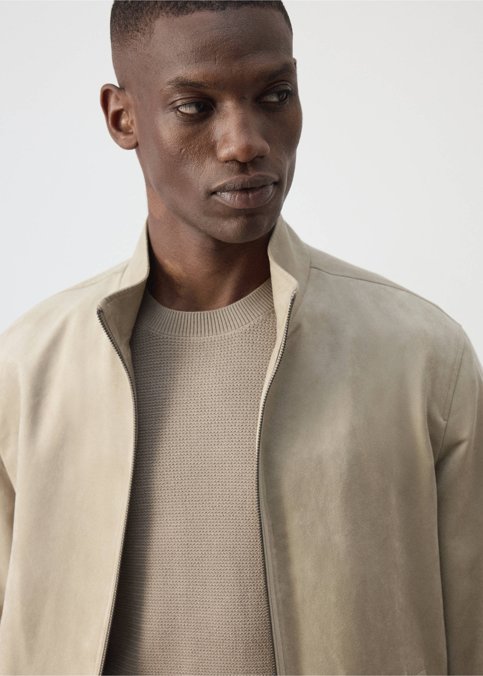 Suede-effect bomber jacket - Details of the article 1, Beige. Ref: 37054402-00.
