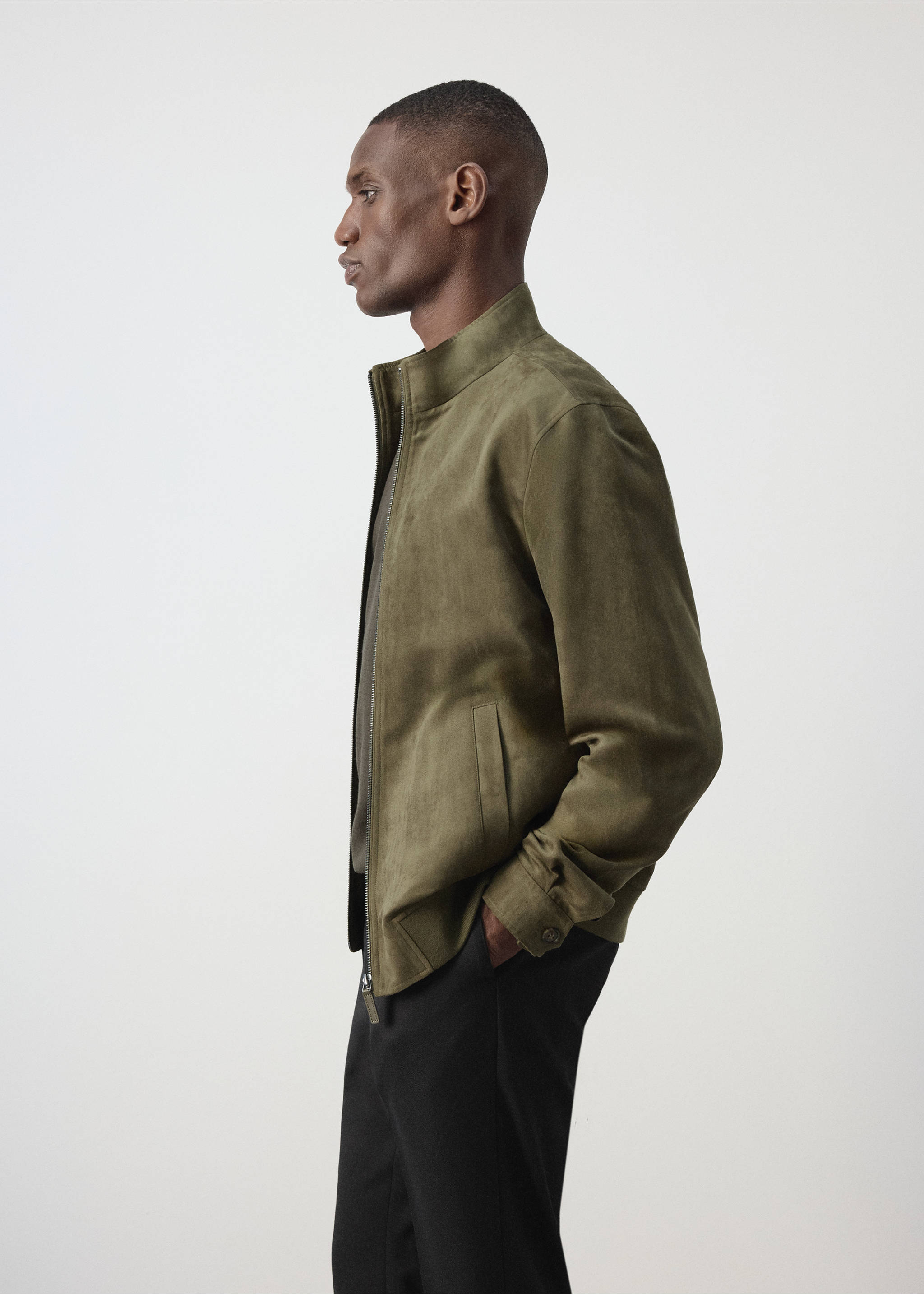 Suede-effect bomber jacket - Details of the article 2, Khaki. Ref: 37054402-00.