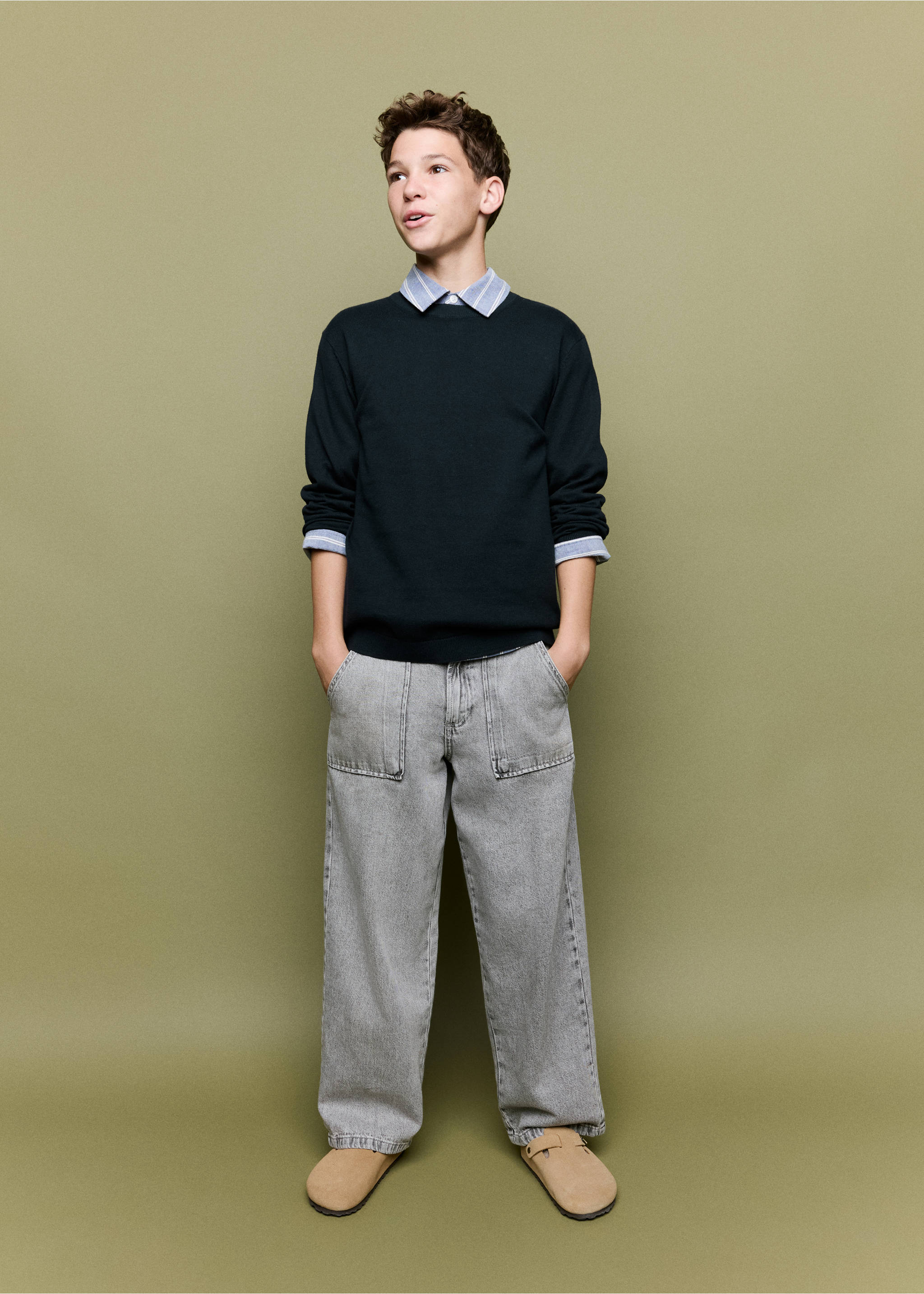 Dark green crew-neck jersey sweater worn layered over a striped shirt., Navy. Ref: 37054403-00.