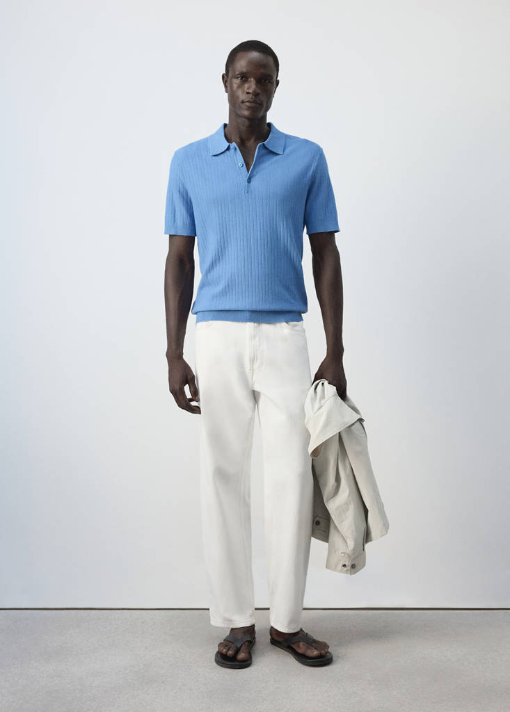 Fine rib-knit polo shirt — Blue