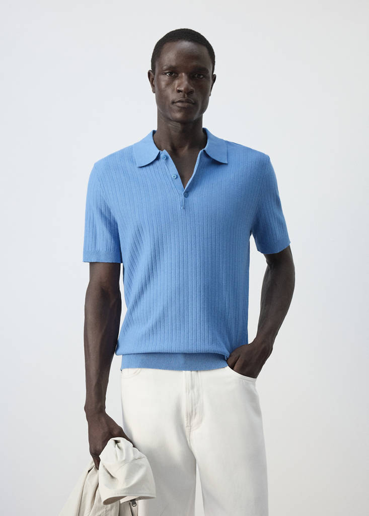 Fine rib-knit polo shirt — Blue