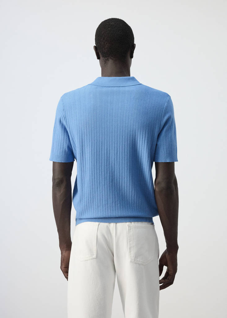 Fine rib-knit polo shirt — Blue