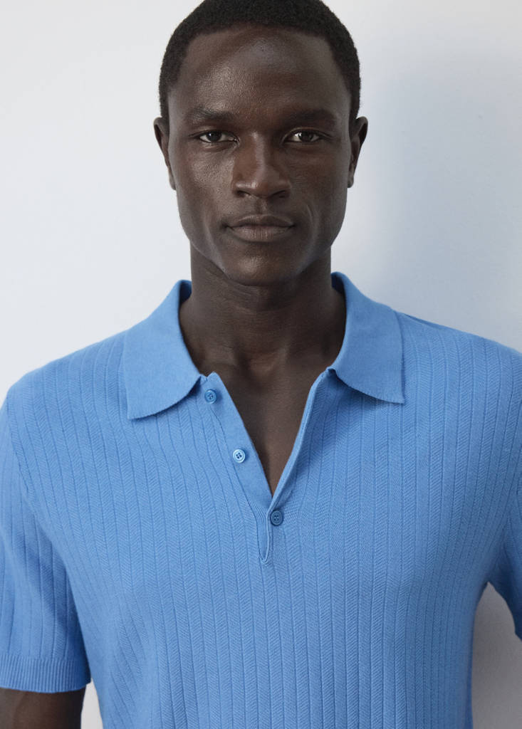 Fine rib-knit polo shirt — Blue