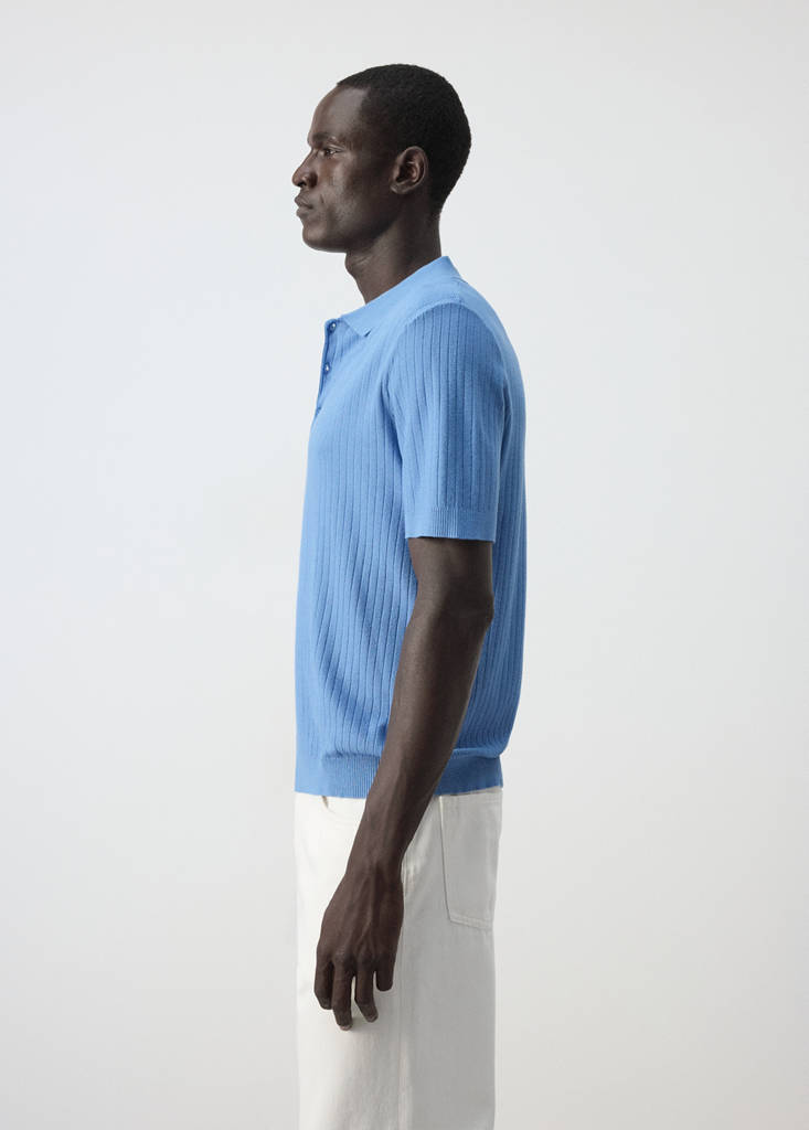 Fine rib-knit polo shirt — Blue