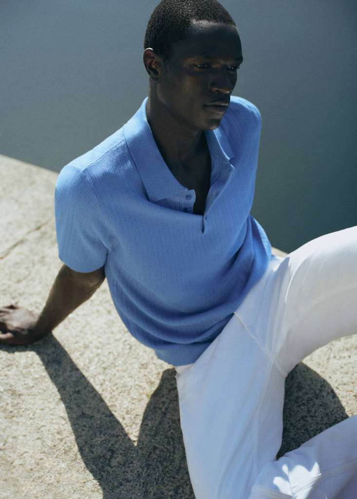 Fine rib-knit polo shirt — Blue