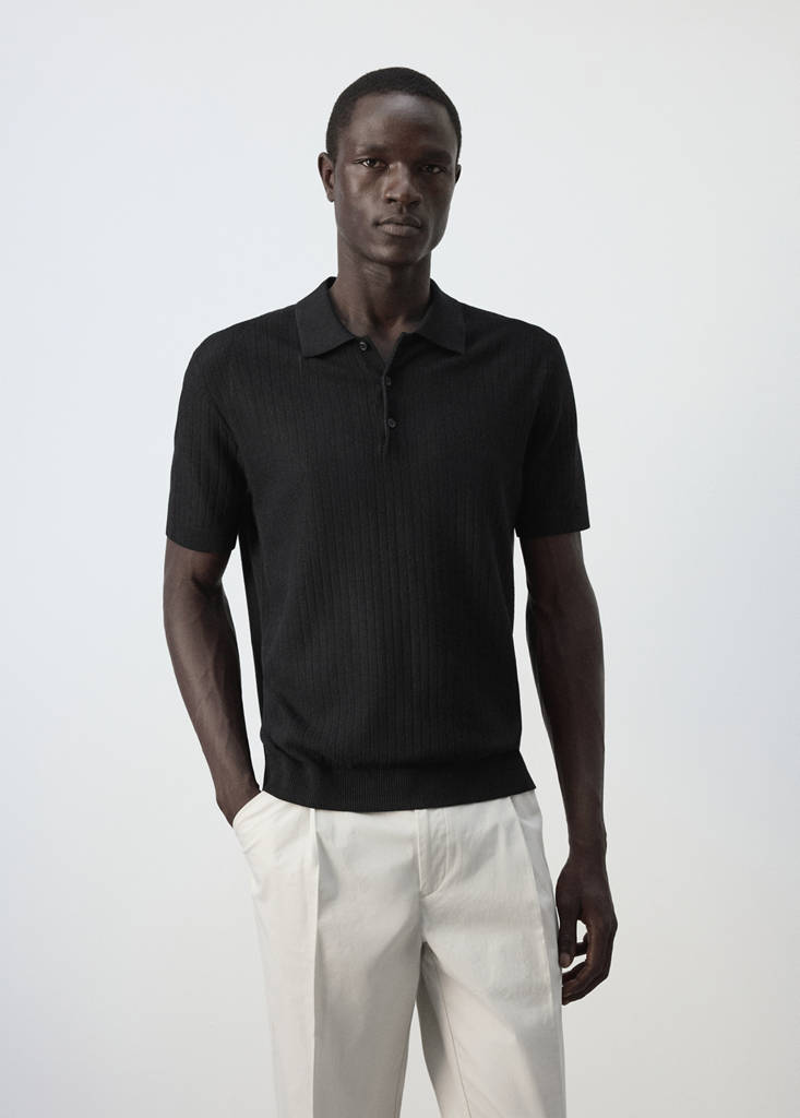 Fine rib-knit polo shirt — Black