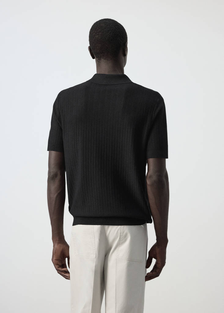 Fine rib-knit polo shirt — Black