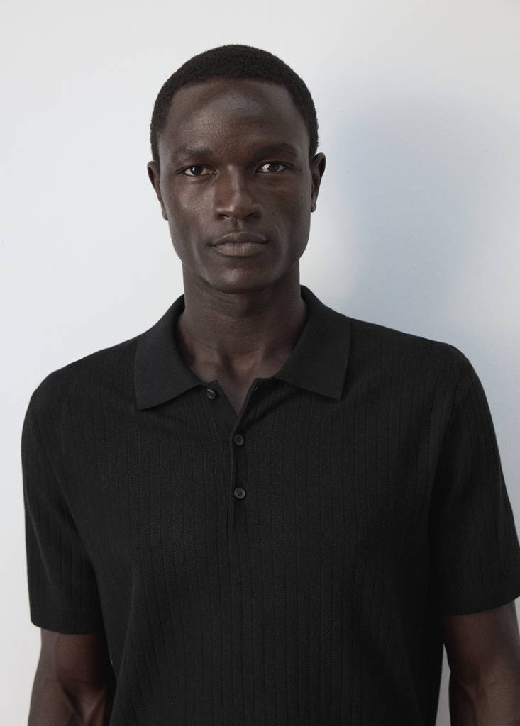 Fine rib-knit polo shirt — Black