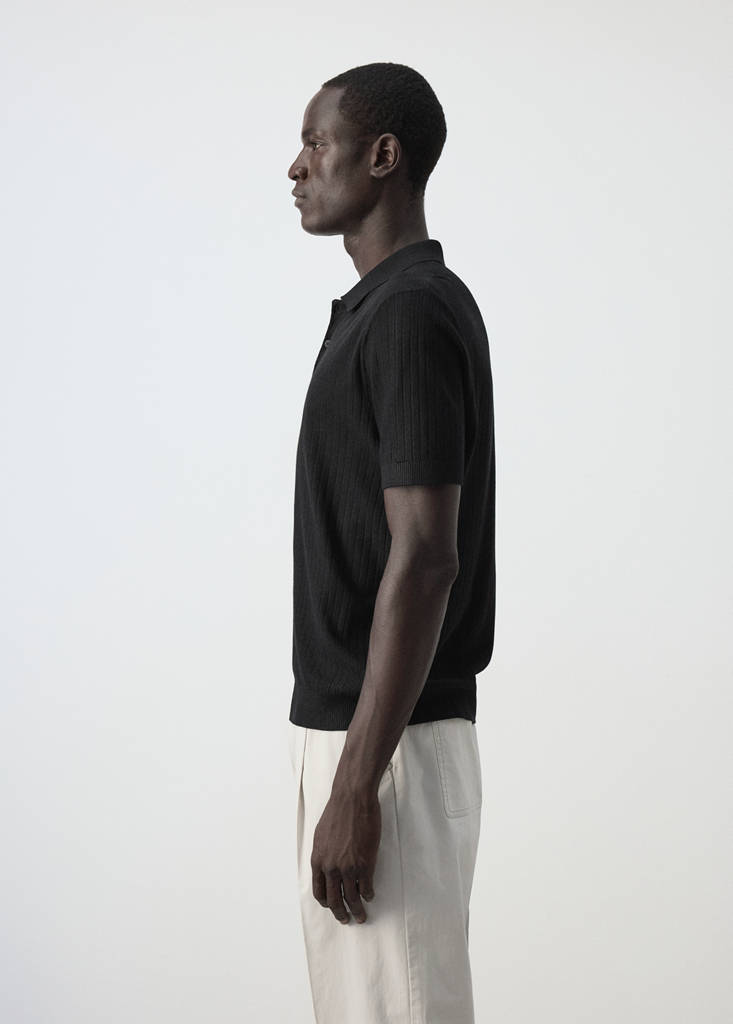 Fine rib-knit polo shirt — Black