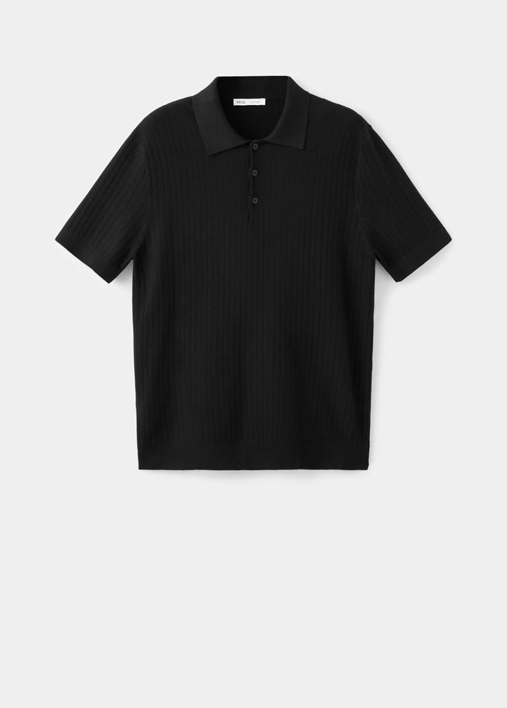 Fine rib-knit polo shirt — Black