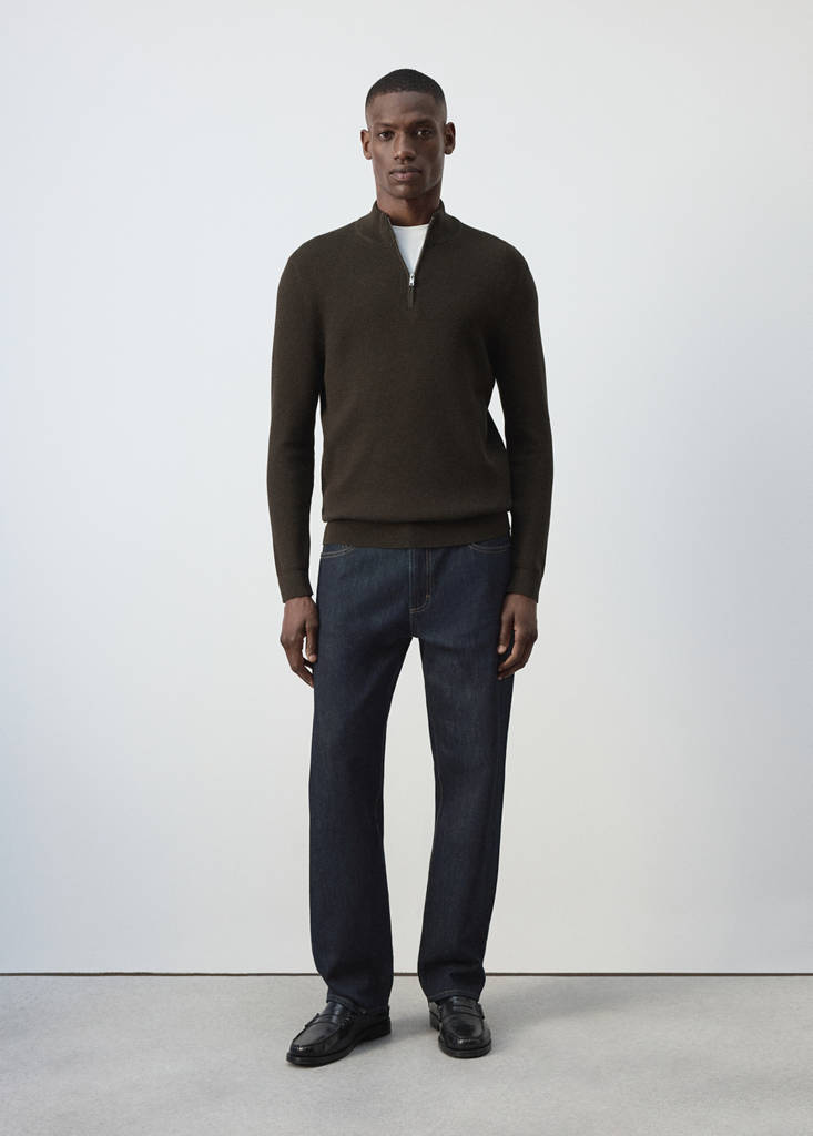 Fine-knit cotton-blend jersey with textured zip-up fastening — Brown